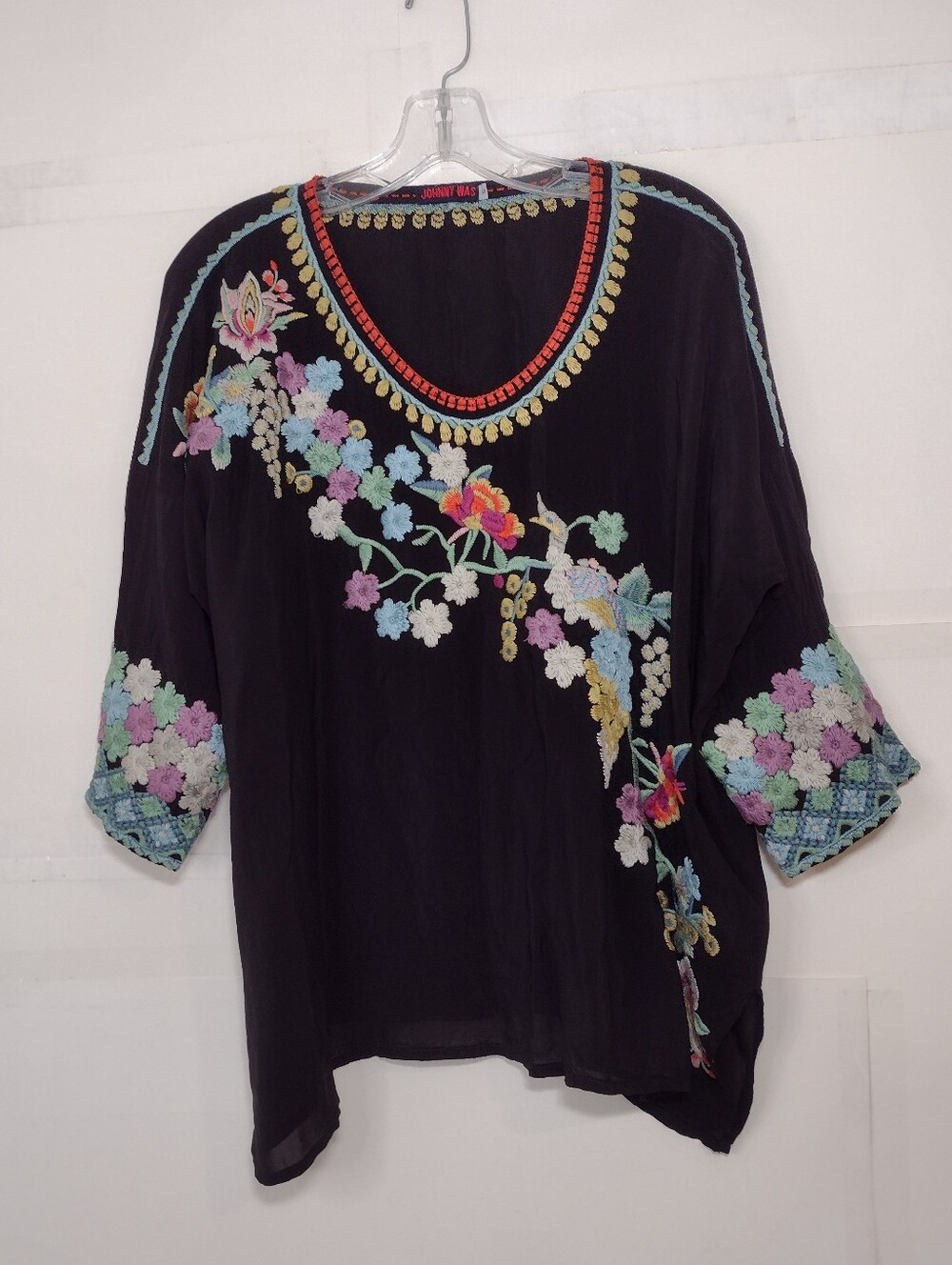 Johnny Was Women's Boho Embroidered Black Women’s Top with Floral Accents
